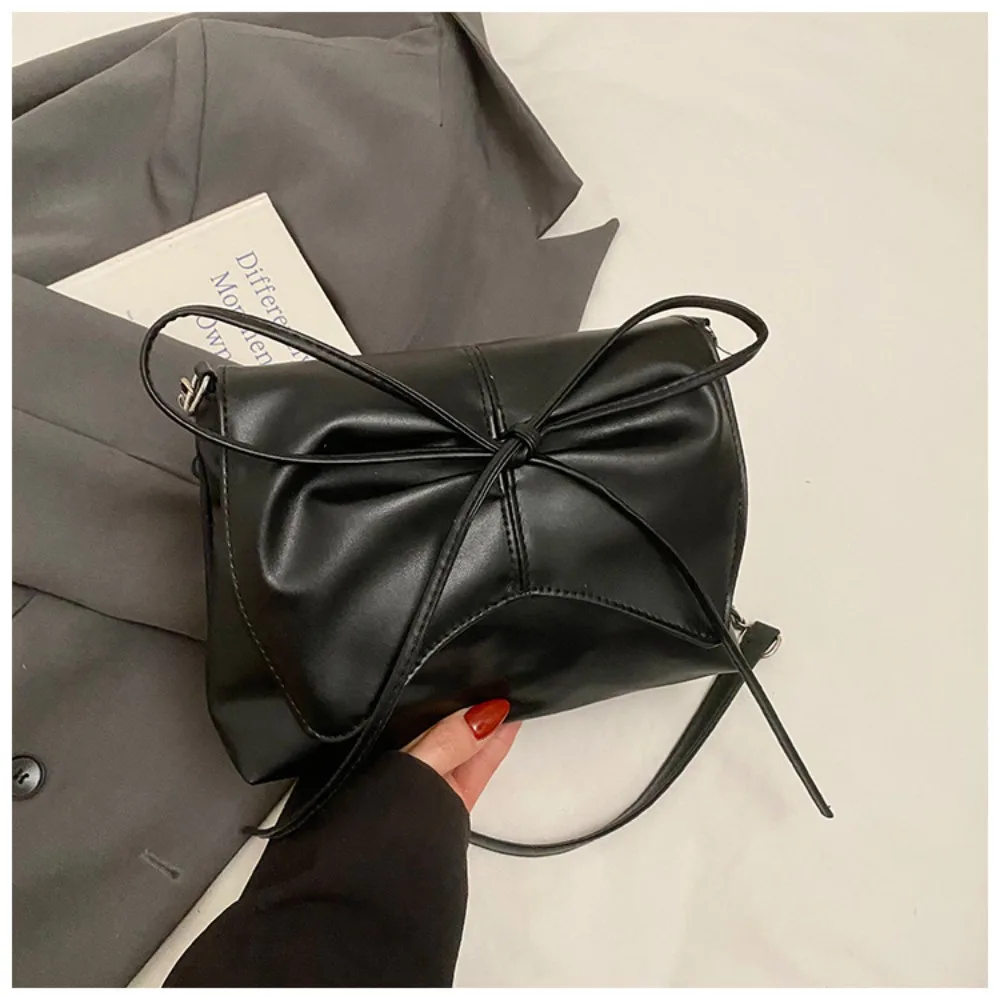 Trendy Bow Tie Design Pu Leather Shoulder Bag Chain Casual Crossbody Bag Luxury Sweet Women's Commuting Bag Handbag