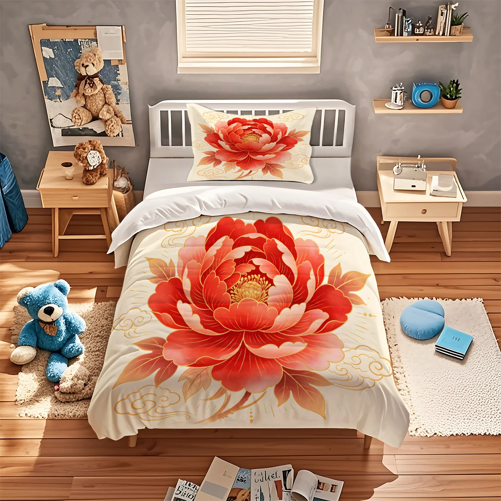 Chinese Style Red Peony Duvet Cover Set Golden Cloud Pattern Floral Bedding Set Soft Polyester Quilt Cover With Pillowcases