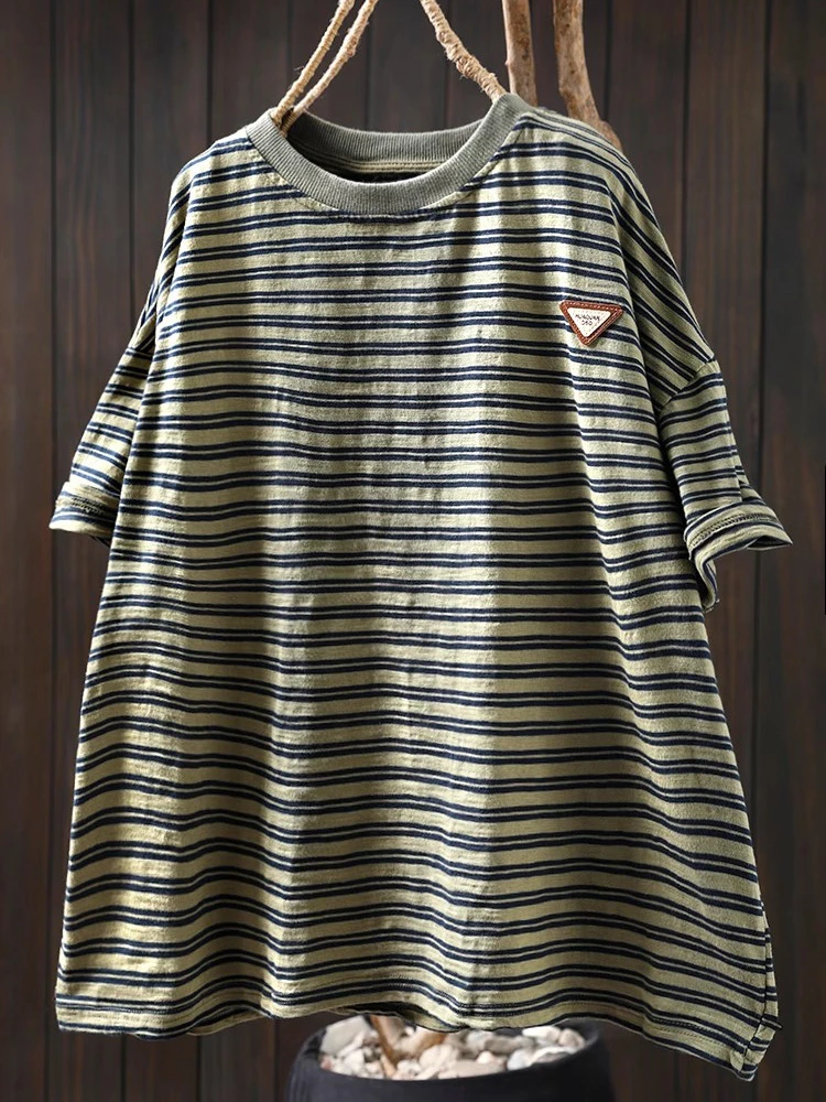 

Women Casual Cotton T-shirts New Arrival 2025 Summer Simple Style O-neck Vintage Striped Female Short Sleeve Tops Tees T653