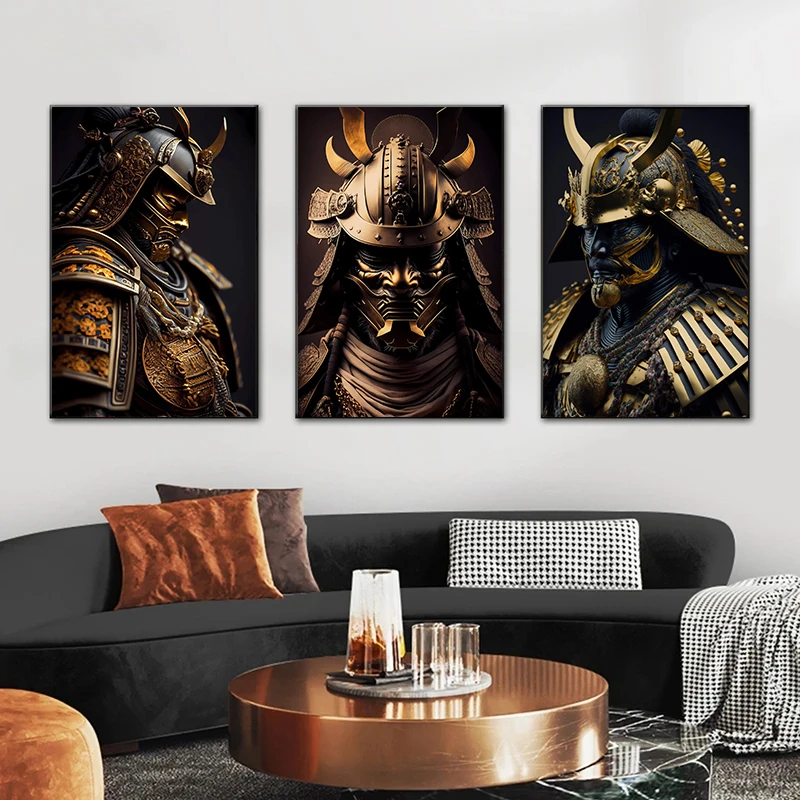 Retro Japanese Black and Gold Mask Samurai Warrior Poster Wall Art Pictures Canvas Painting Home Interior Decor Gift