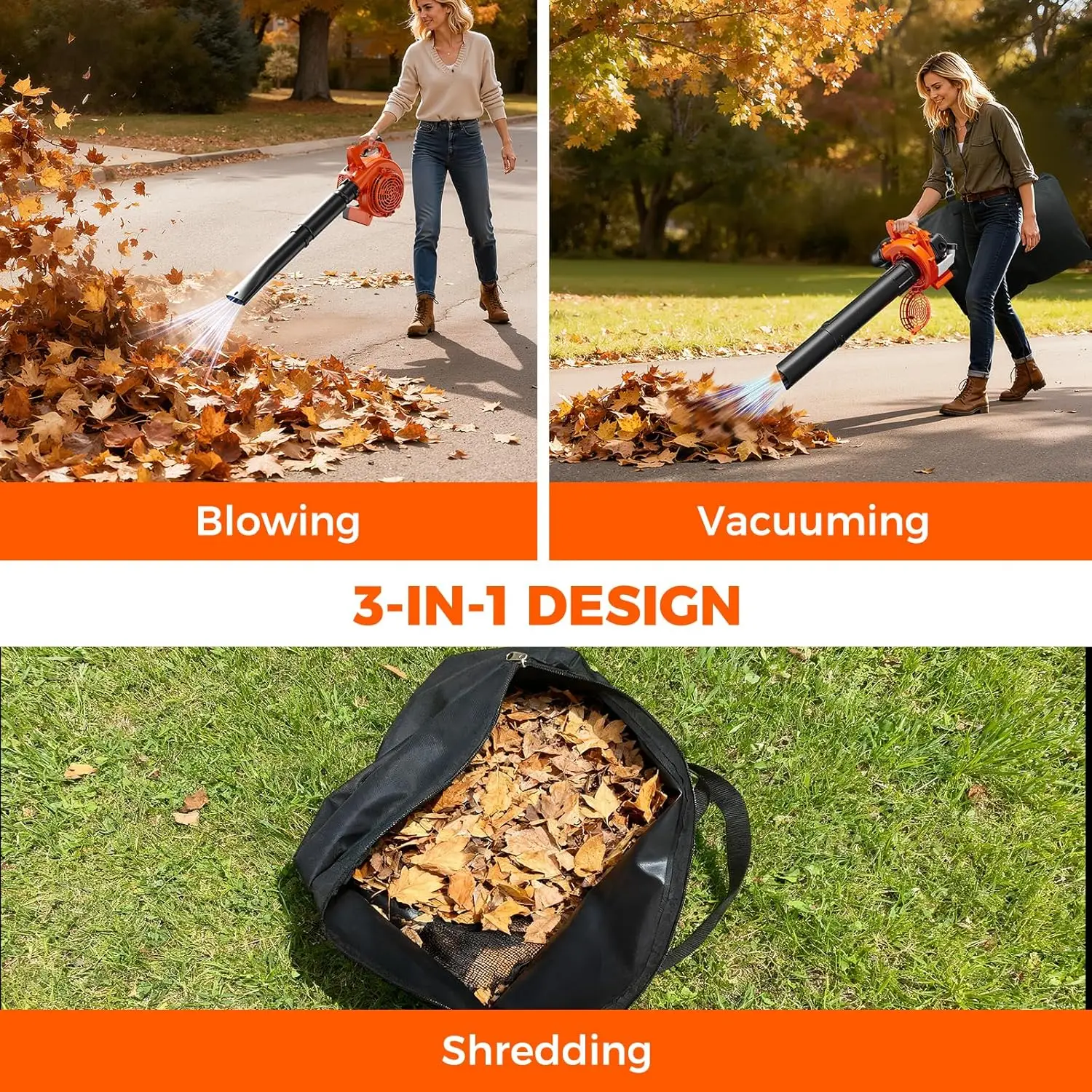 3 في 1 منفاخ أوراق الغاز المهاد اللاسلكي مع حقيبة 432CFM 180 MPH 25.4cc 2-Cycle منفاخ يعمل بالغاز خفيف الوزن للحديقة Ca