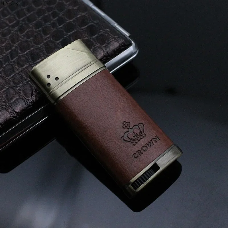 Business lighter, high-end metal leather, inflatable windproof blue flame, straight towards cigar, personalized lighter