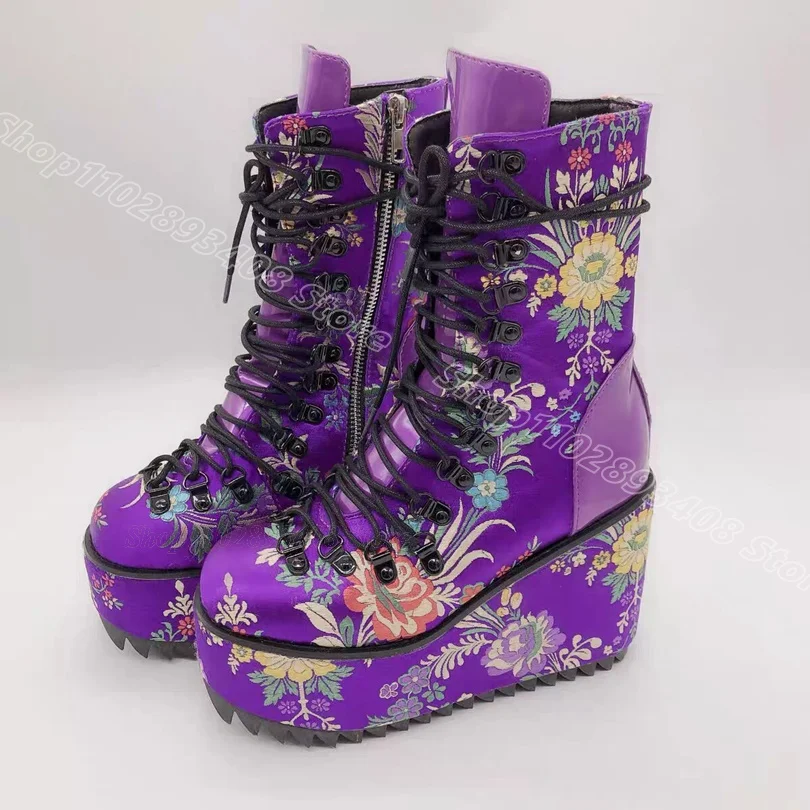 

Purple Pattern Platform Punk Style Boots Lace up Wedges Heels Side Zipper Round Toe Casual Party Women Shoes Zapatos Para Mujere