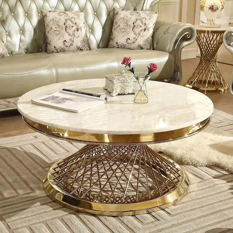 wholesale living room furniture european modern design gold round Black marble coffee table with stainless steel legs