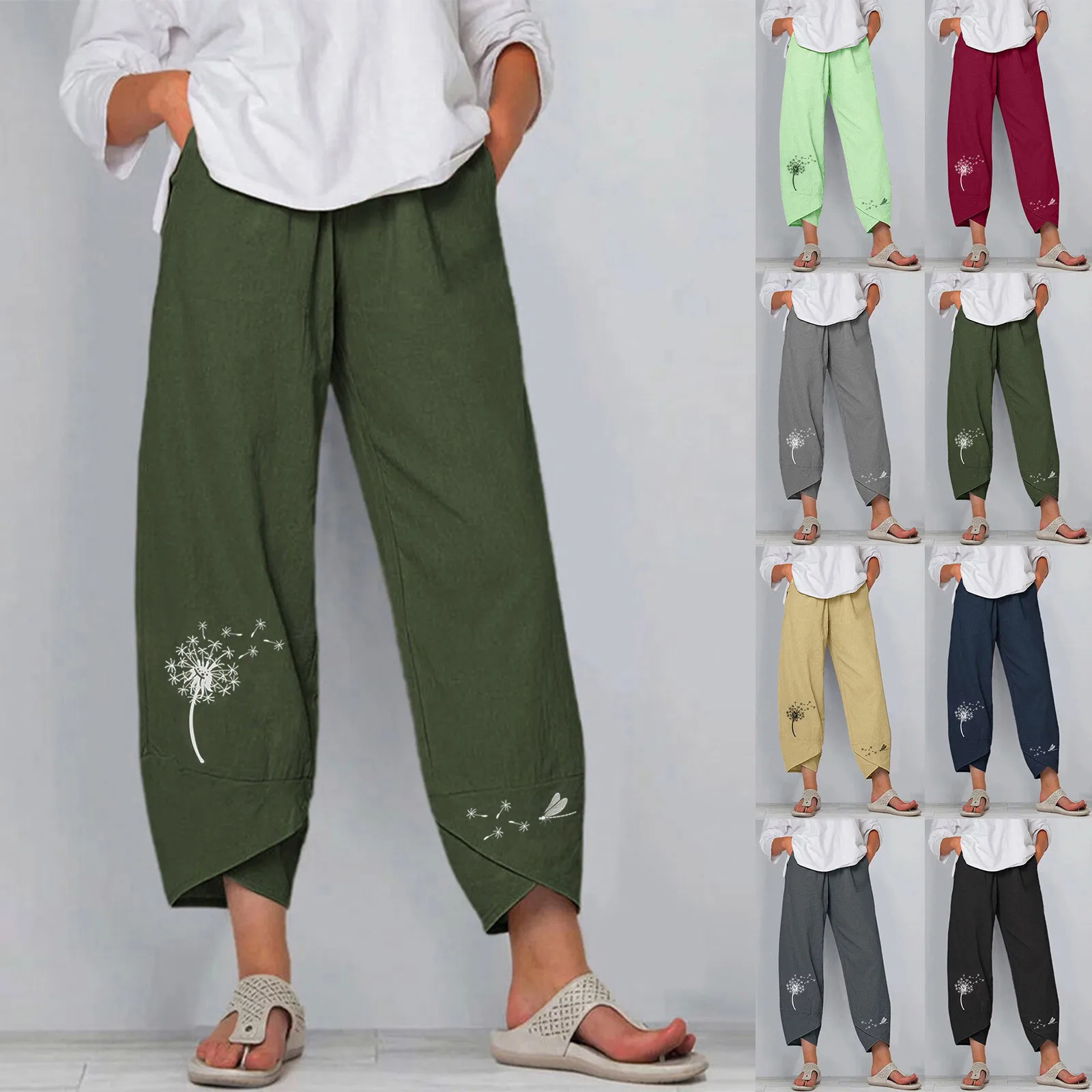 

Bohemian Cotton Blends Plus Size Lounge Pants Female Solid Color High Waist Elastic Cropped Trousers Spring Summer Baggy Pants