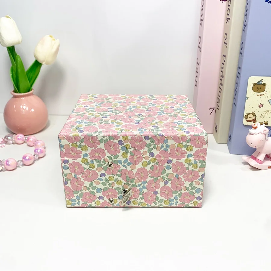 صندوق تشغيل الموسيقى مستطيل بتصميم الأزهار مع مرآة درج وتخزين مجوهرات راقصة الباليه الدوارة للخواتم والقلائد والأساور