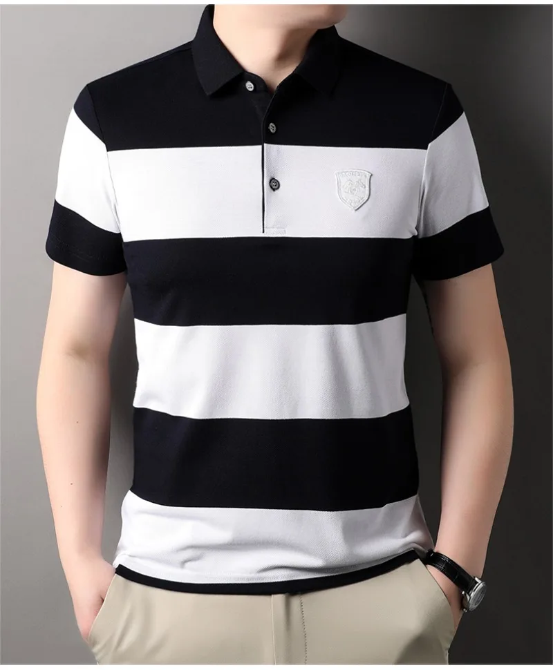 2024 Summer Breathable Comfortable Polo Shirt for Men Short Sleeve Classic Stripes Fashion Lapel T-shirts Casual Social Tee Tops