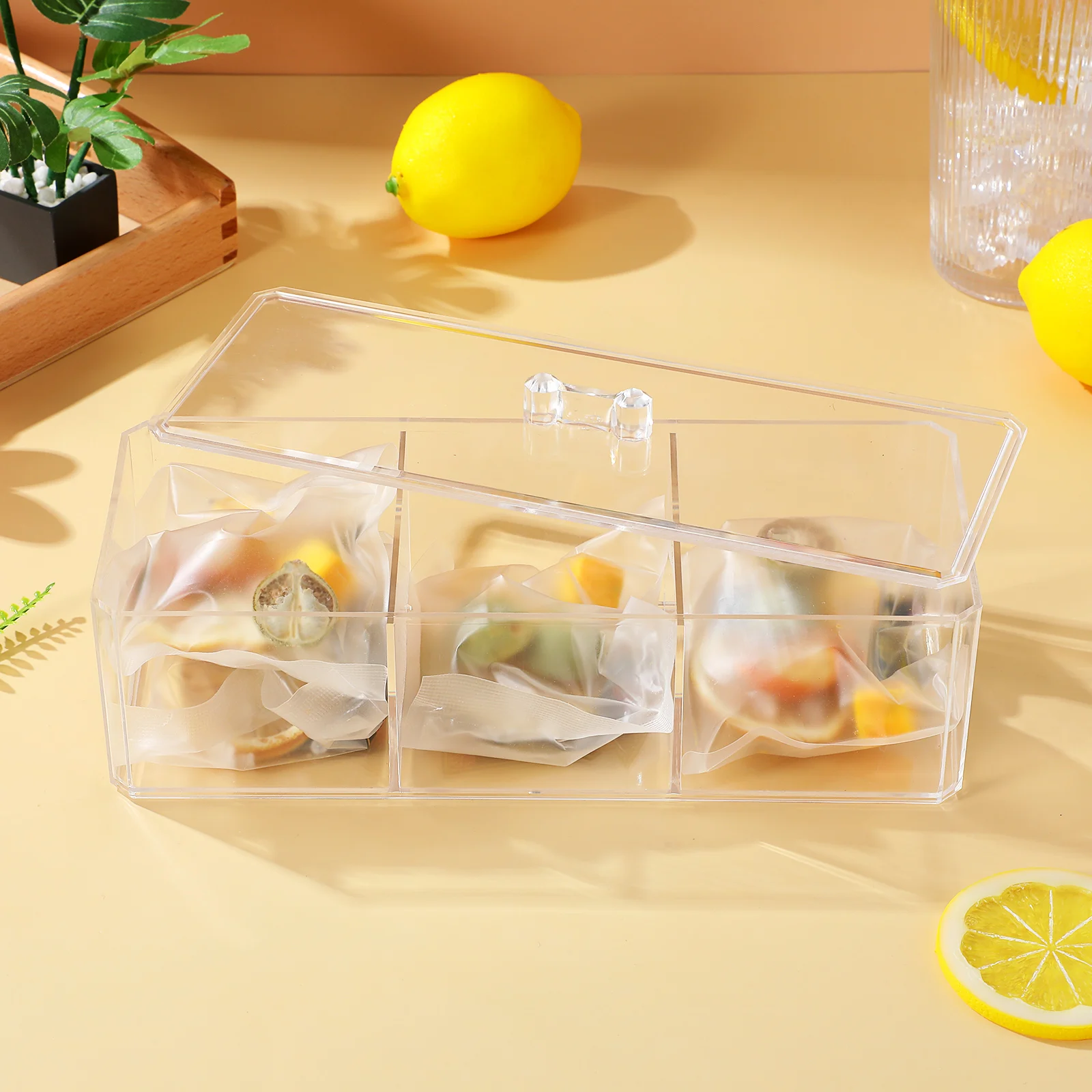 

Divided Bag Box Organizer Storage Chest Coffee Sugar Holder Clear Home Office Pantry Divider Tea Chest Box Space Saving Desktop