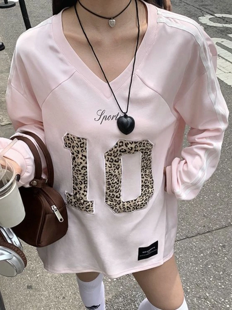 

HOUZHOU Y2k Leopard Print Pink Sweatshirts Women Vintage Oversized Jersey Tops Sports Pullovers Streetwear Harajuku Aesthetic