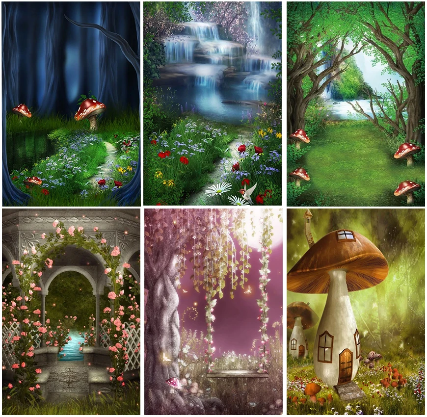 Dreamy Forest Spring Flowers Mushroom Backdrops Fairy Tale Tree Waterfall Wonderland Jungle Birthday Backgrounds Wedding Decor