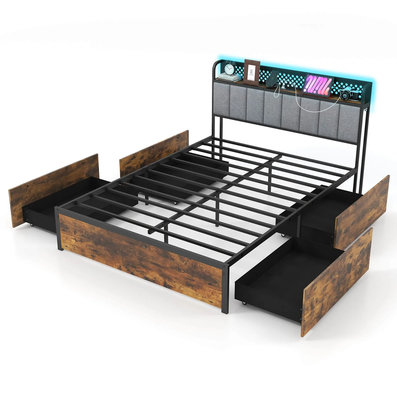 Full Size LED Bed Frame w/ Charging Station Upholstered Headboard 4 Drawers