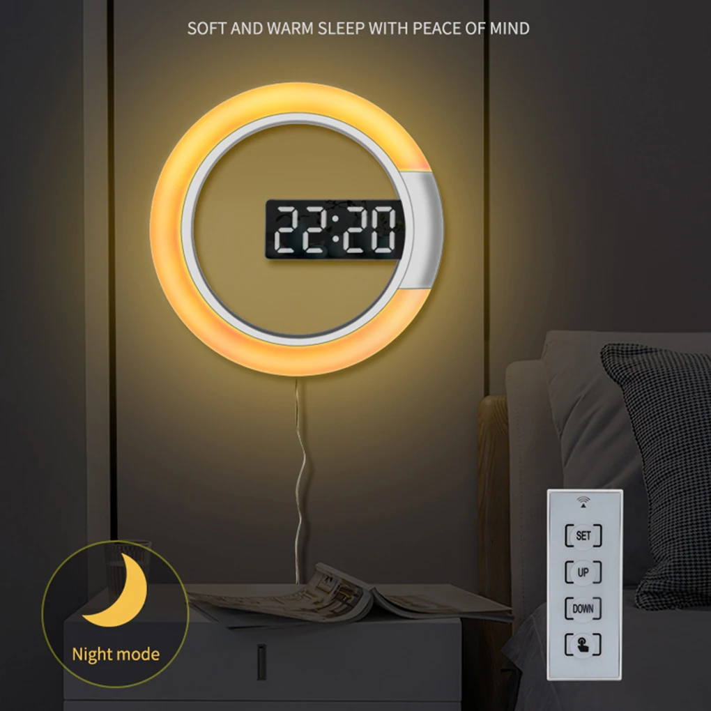 LED Wall Alarm Clock,Remote Control Digital Clock with Alarm/Temperature Ring Round Square Hollow Wall Light with RGB Light