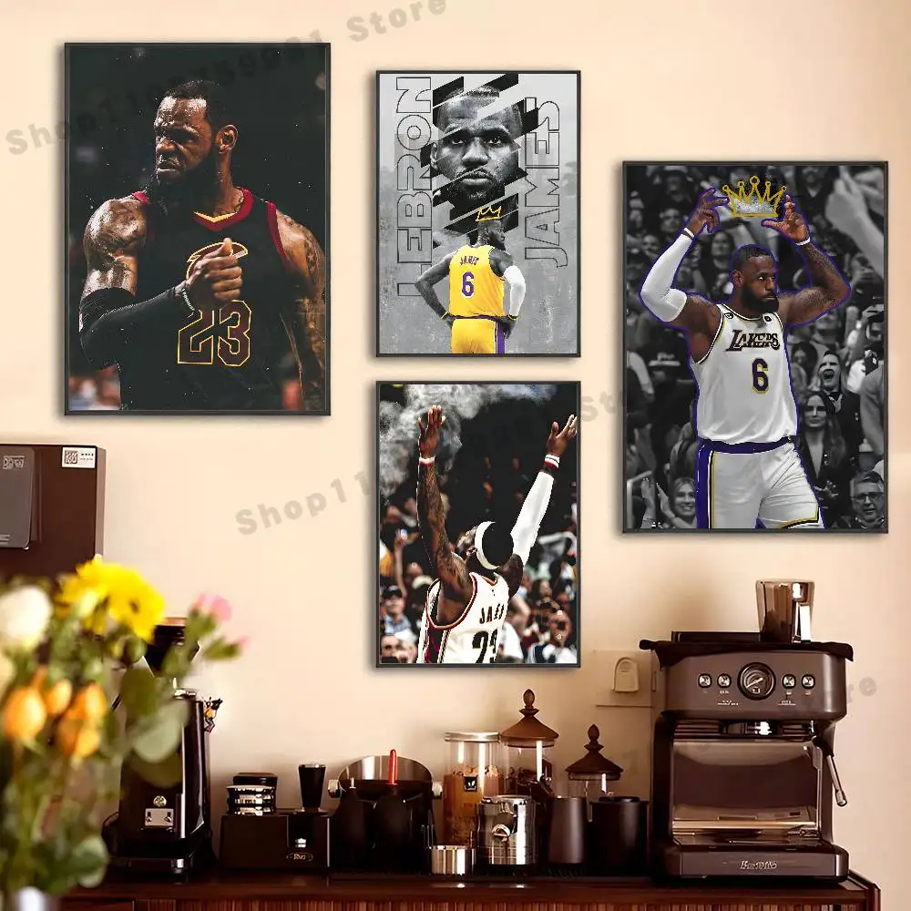 L-LeBron J-James Basketball Poster Sticker Classic Art Painting for Home Bedroom Cafe Office Wall Decor