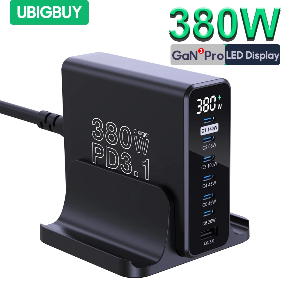 Ubigbuy 380W GaN USB C Ładowarka PD 3.1 140W 100W PPS 45W Stacja szybkiego ładowania Wyświetlacz LCD do iPhone 15 Samsung MacBook Pro/Air