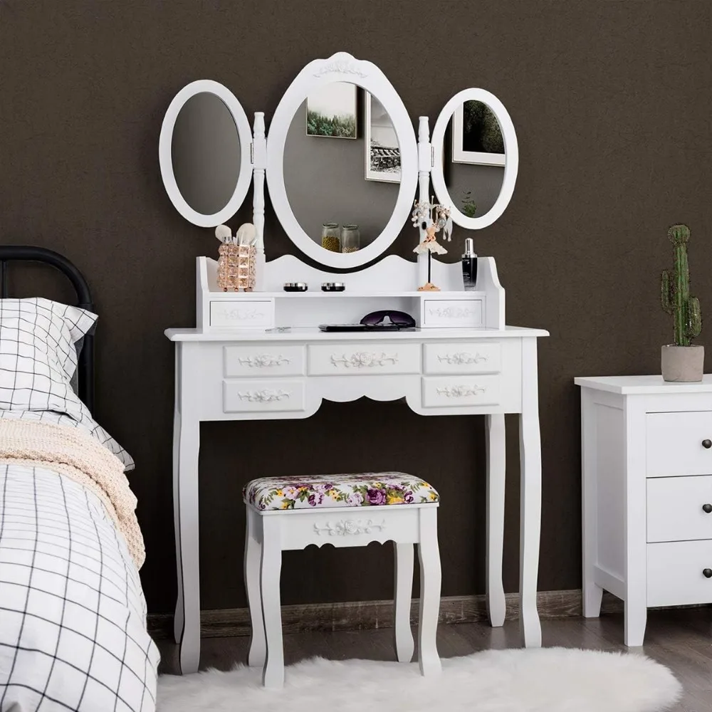 Vanity Set met drie opvouwbare spiegel en gedempte kruk, kaptafel met 7 lades en plank, antieke make-uptafel met re