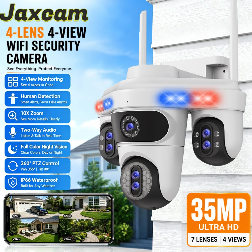 35MP 7 Lens 4 Screen WiFi PTZ Security Camera Outdoor 10X Zoom 360° Triple PTZ Auto Tracking IP66 Waterproof Surveillance Cam