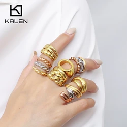 KALEN Stainless Steel Round Rings For Women Gold Color Texture Metal 18 K Plated Statement Trendy Jewelry Bagues Pour Femme Gift