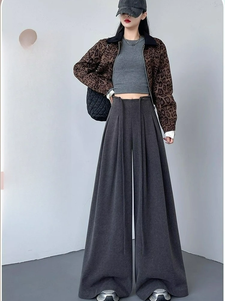 Women's Grey-Toned Wool Blend Wide-Leg Pants, High-Waisted Tailored Trousers with Draping Effect