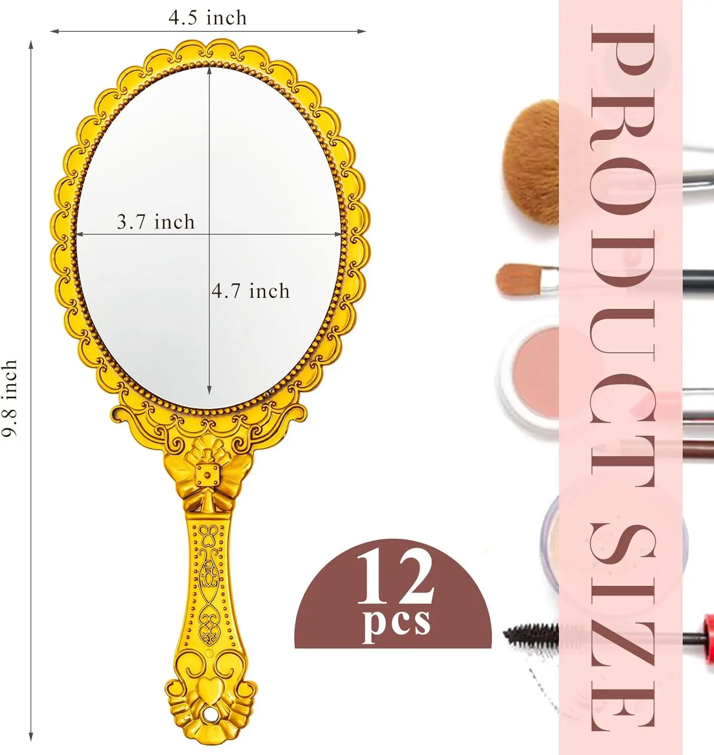 

12 Pcs Vintage Handheld Mirror, 9.8" L x 4.5" W Small Gold Embossed Portable Princess Mirror for Classroom Kids Princess