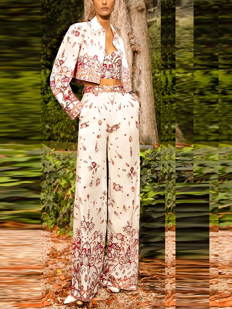 Women Printed Blazer Three Piece Sets Sexy Jacket + Top+ Pants Red Flower Print Suits Evening Party  Runway Cocktail Set