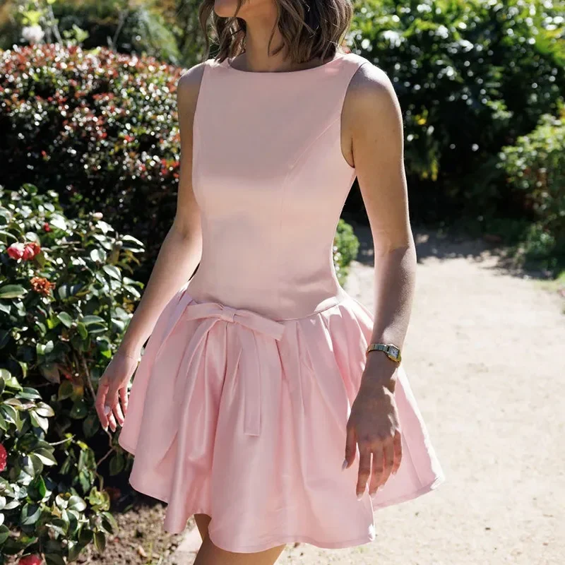 فستان Ticketsx صيفي وردي بدون ظهر نحيف بطيات فستان قصير أنيق بفيونكة وأربطة بدون أكمام فستان أنيق للحفلات المسائية #4