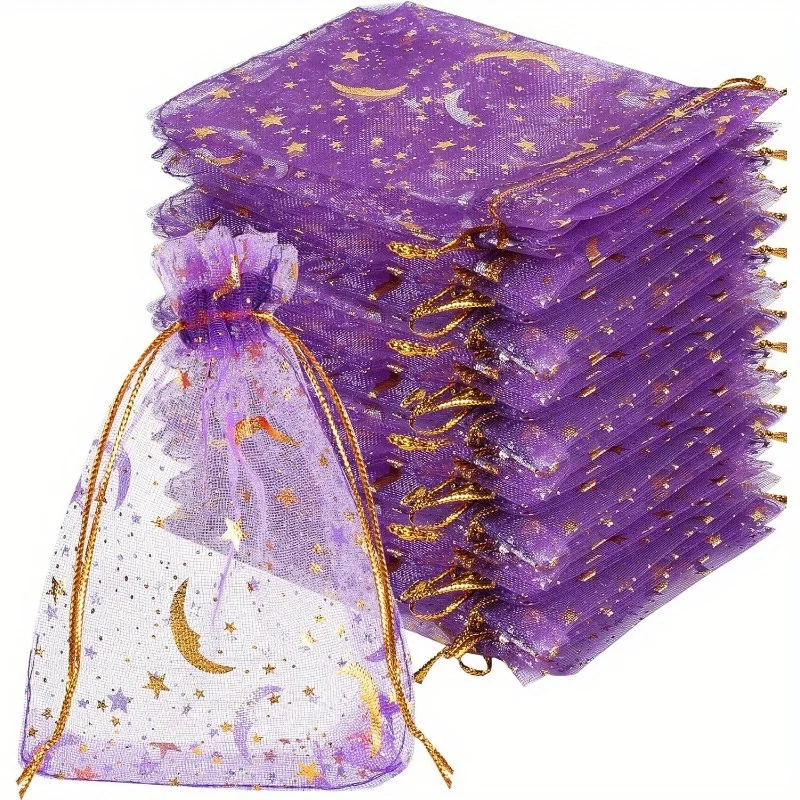 50 Bolsas de Organza con Cordón y Estampado de Luna y Estrellas, Bolsas de Regalo para Joyería, Bolsitas de Organza con Estrellas Doradas para Navidad y Bodas