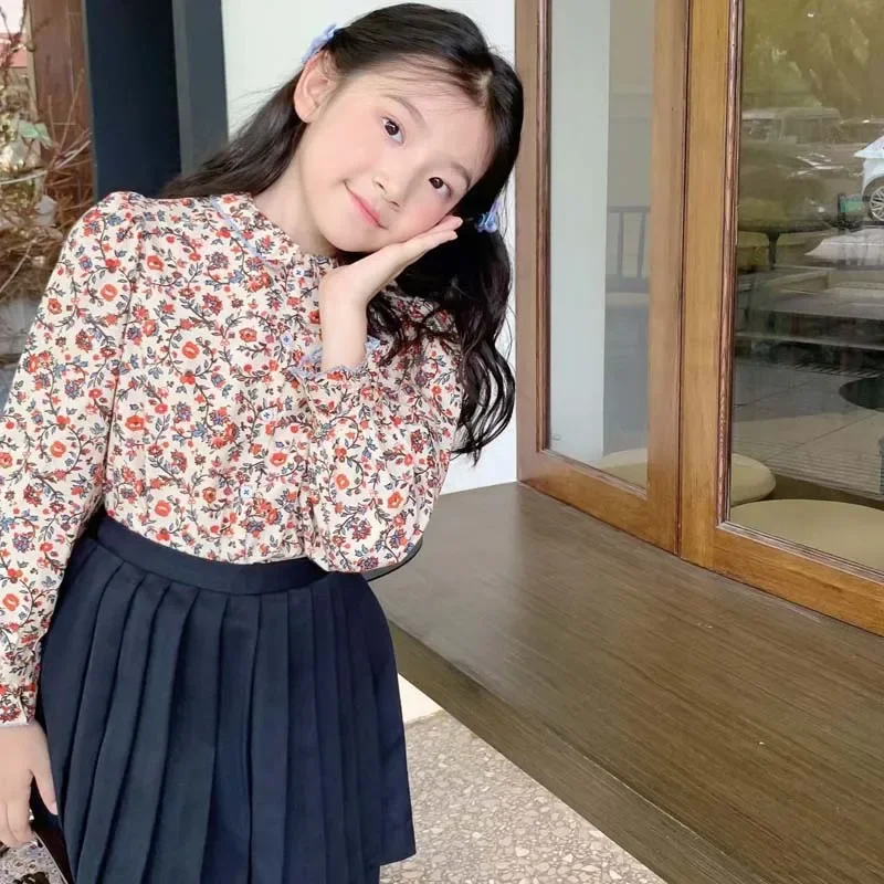 En Stock, ropa de otoño 2024, ropa para niñas, Camisa de algodón Floral, camisas de flores para niñas, ropa de Boutique para niños, blusa para niñas