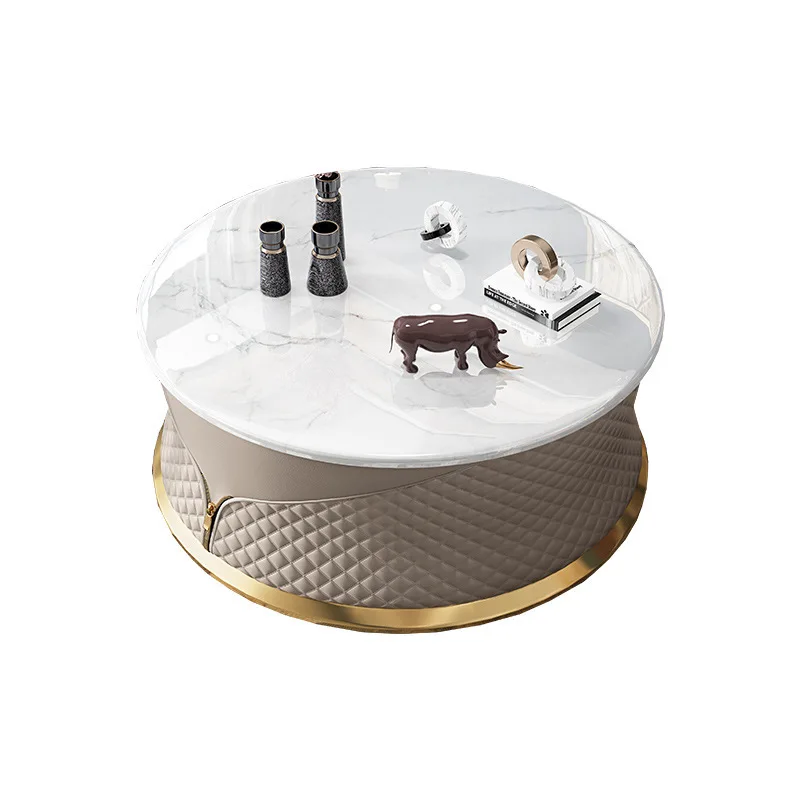 

Комплект для гостиной в стиле итальянского минимализма класса «лайт-люкс»: диван из натуральной кожи в постмодернистском стиле и кофейный столик с золотым покрытием и глазурованным верхом.