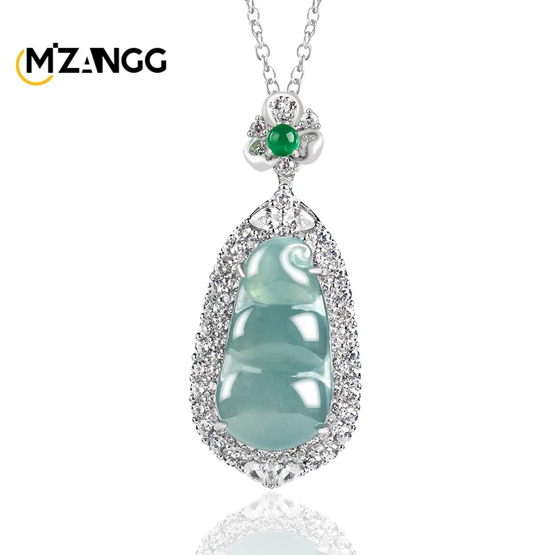 

Natural Jadeite Blue Water Four Seasons Beans Pendant S925 Silver Inlaid Hand-carved High-grade Ice Jade Necklace Ladies Gift