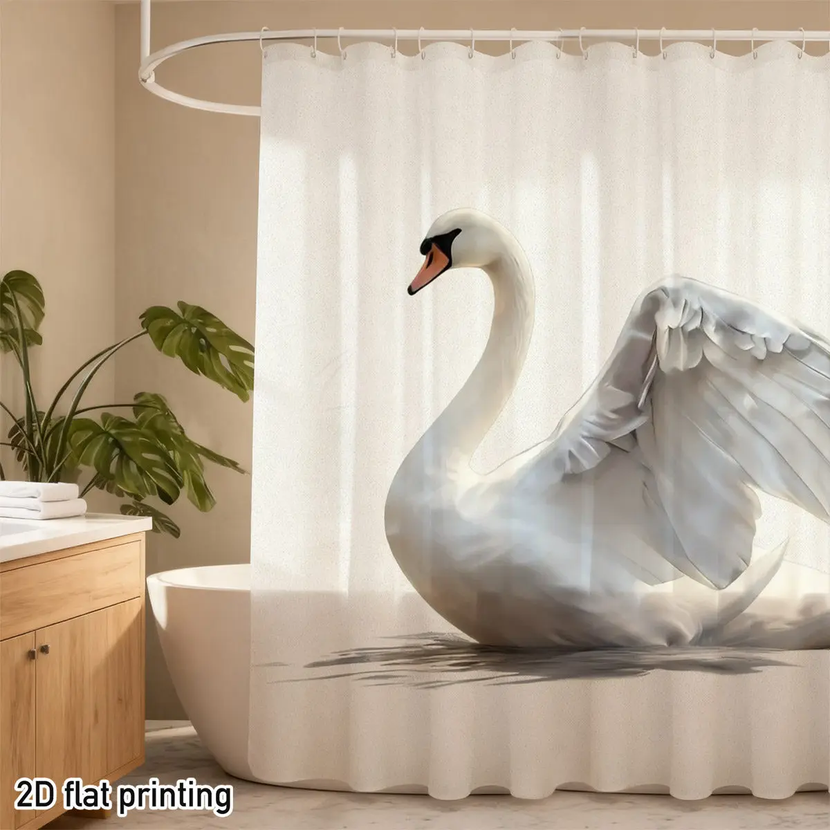 White Swan Shower Curtain – Elegant Spread Wings Design, 2D Flat Print, Fade-Resistant Polyester, 12 Hooks, 70.8