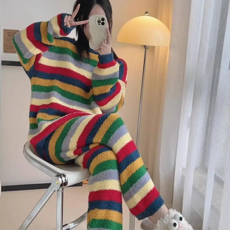 

Young girl Coral Fleece Pajamas Sets Princess Striped Long sleeved Leisure Wear Autumn Winter Fashion Home Clothes Outerwear