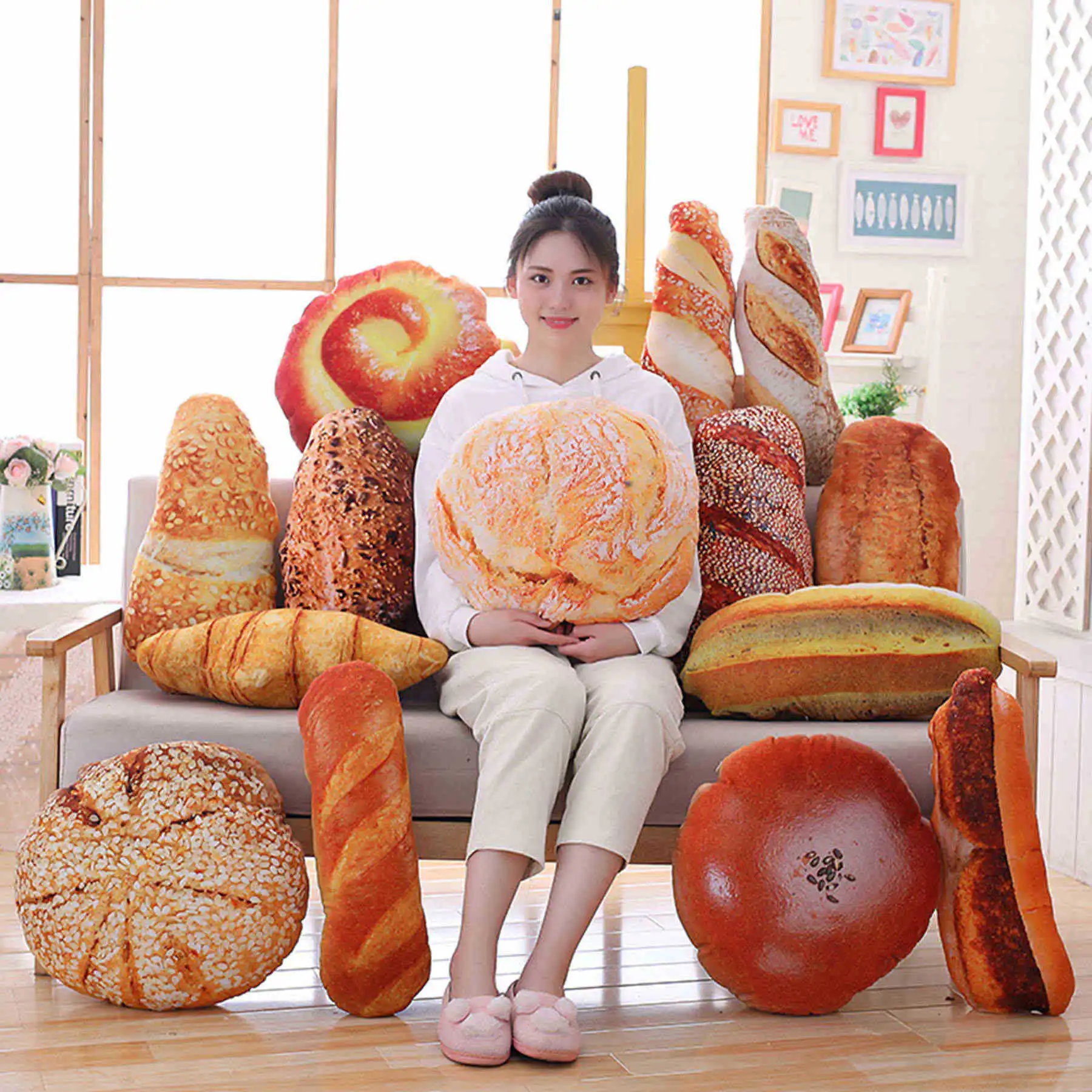 

3D Simulation Bread Pillows, 19Inch Creative Round Bread Pillow, Soft Bread Stuffed Toy for Office Home Cushions Decoration