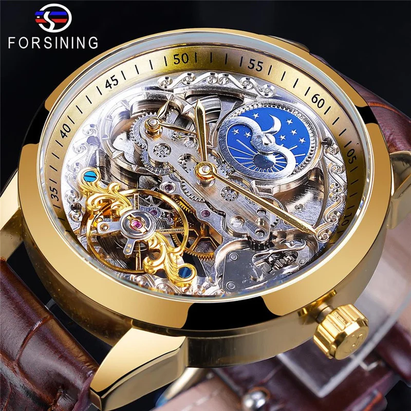 Forsining 355A Luxury Brand Moon Phase Watches Fully Automatic Men Watches Hollowed Mechanical Watches Luxury Reloj Hombre