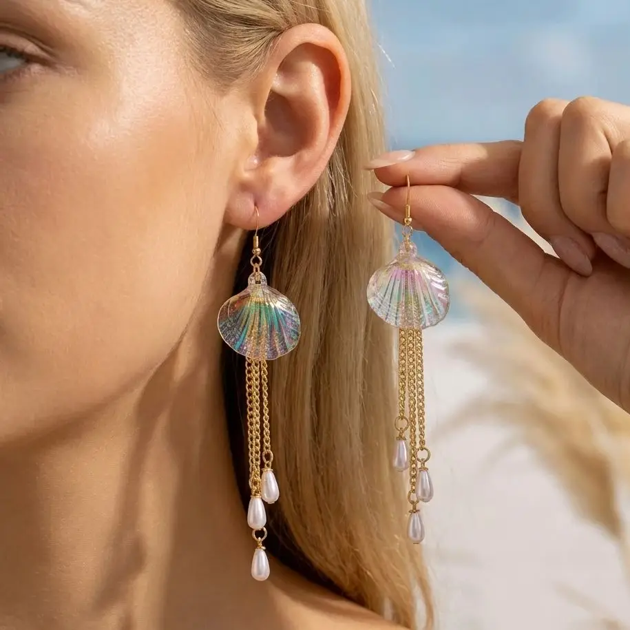 Bohemian Summer Shell Tassel Earring For Women Exquisite Acrylic Long Chain Pearl Drop Earring Beach Vacation Resort Jewelry