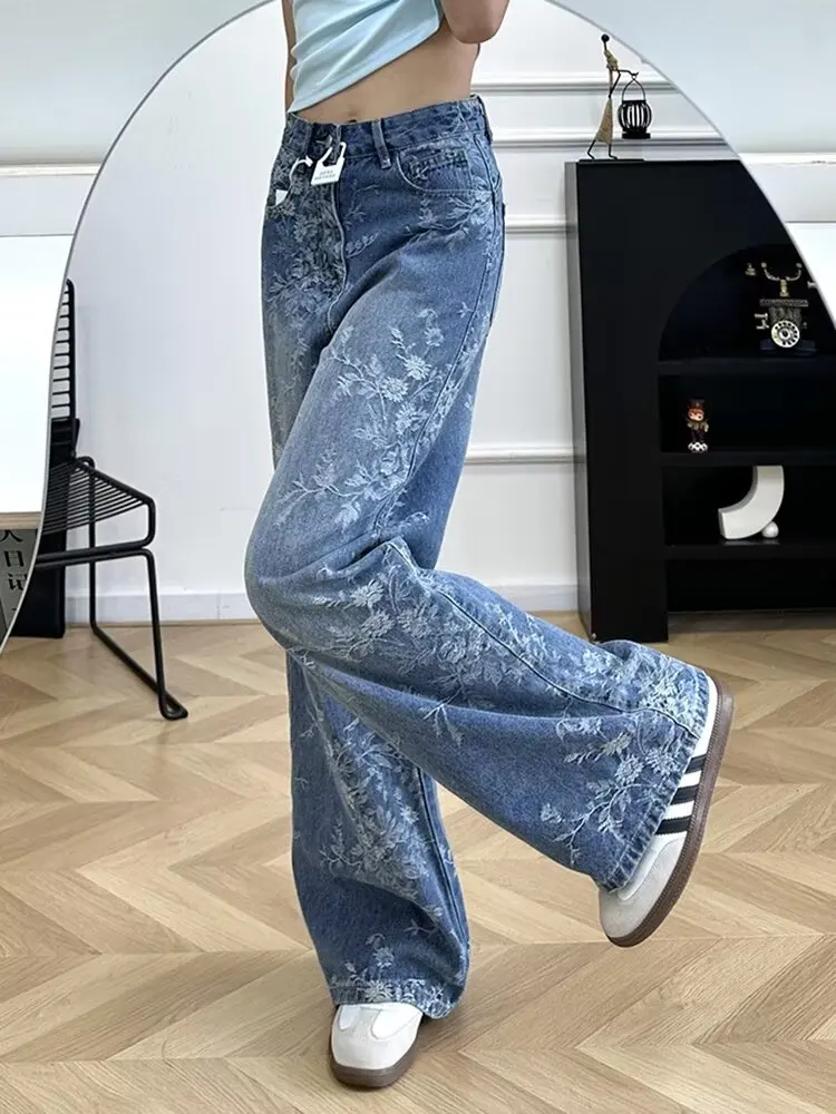 

Джинсы премиум-класса Y2K - потертые джинсы с художественным цветочным принтом, свободные прямые брюки-палаццо, прямые брюки длиной до пола