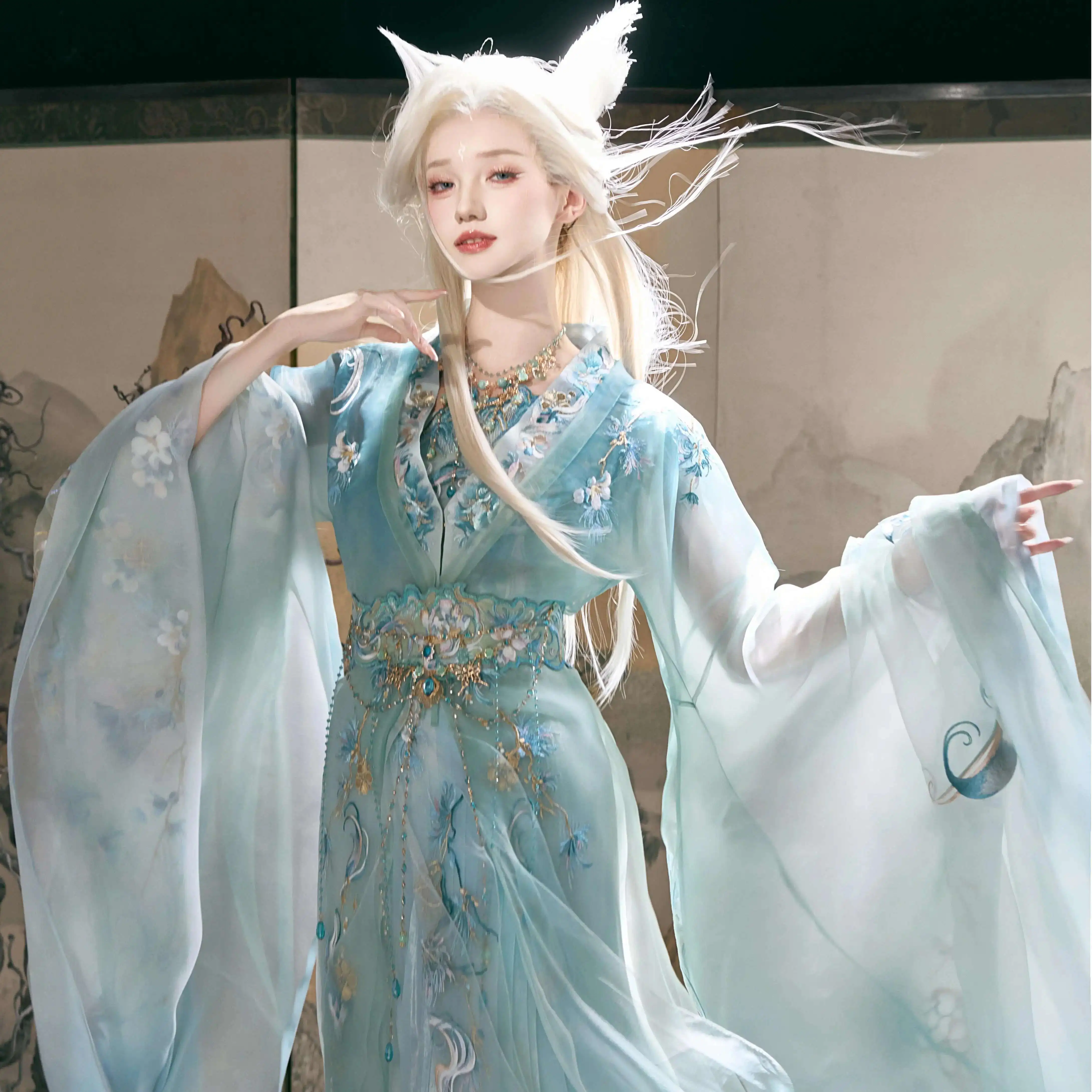 

Hanfu Women Adult Fairy Fox Spring Summer Cool Style Qingqiu Embroidery Ancient Costume Large Sleeve Improved Warring States