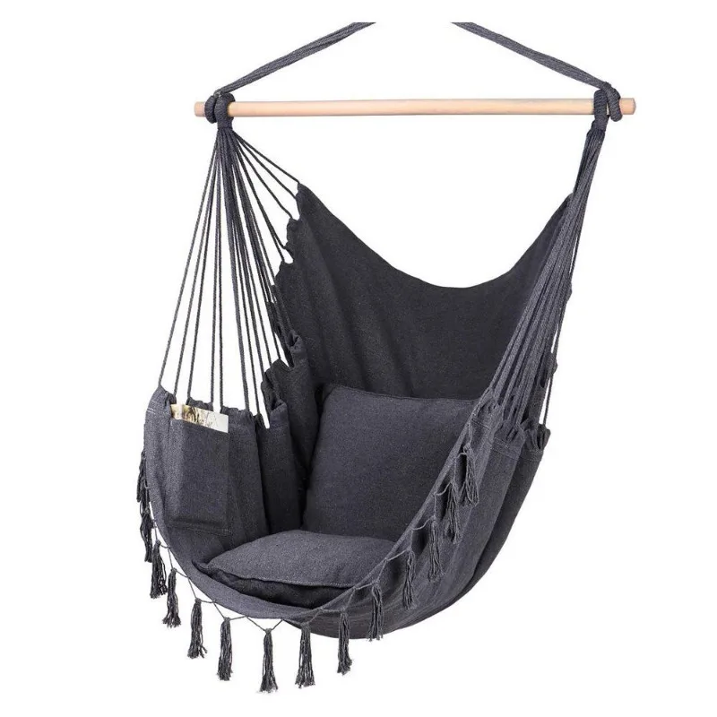 Dark Grey Canvas Hanging Swing Chair With Wooden Spreader Bar Tassel Hammock Chair With Storage Pockets Cushion Boho Home Decor