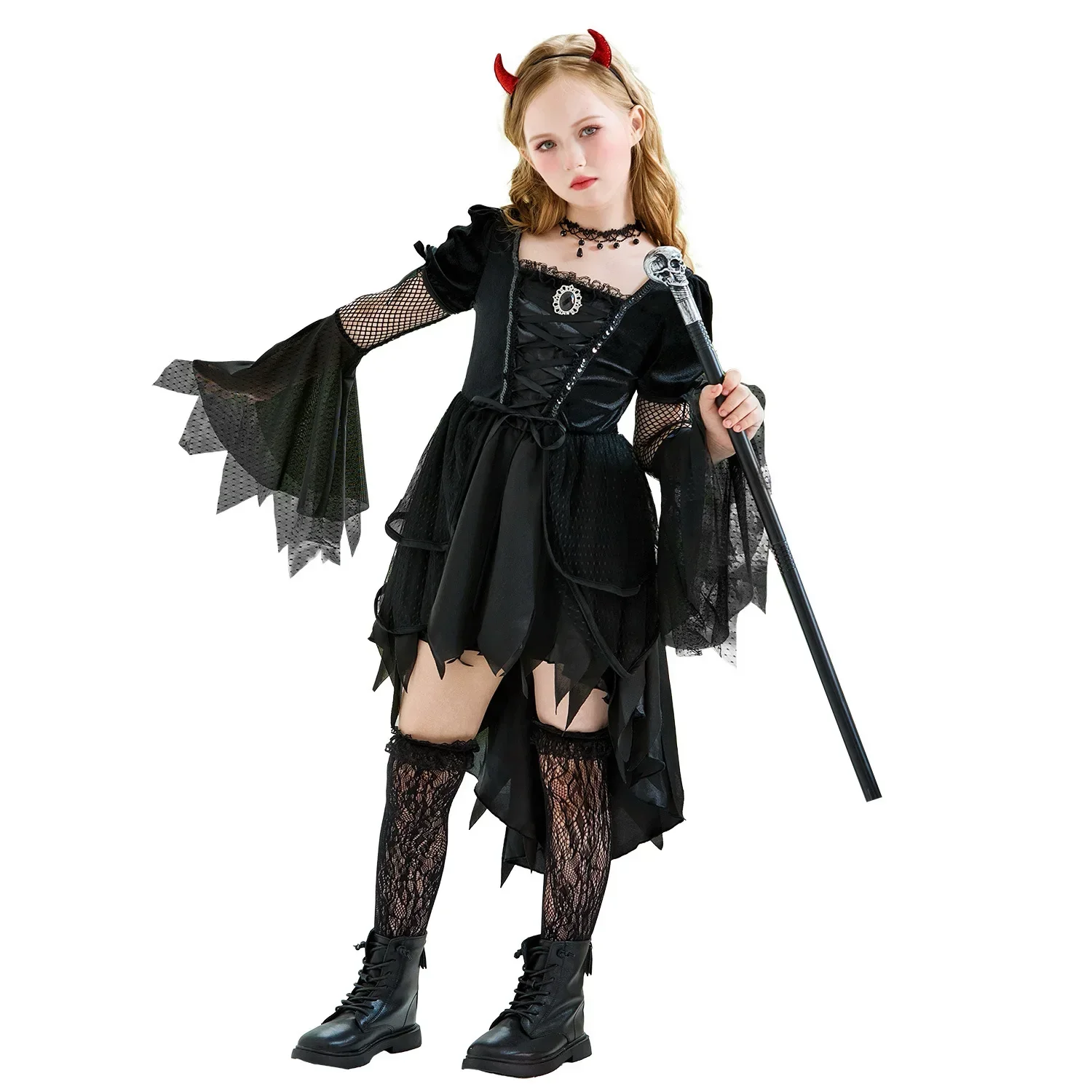 2026 Halloween Girls Devil Vampire Witch Costume Gothic Irregular Dress With Horn Headband Kids Stage Cosplay Fancy Party Outfit