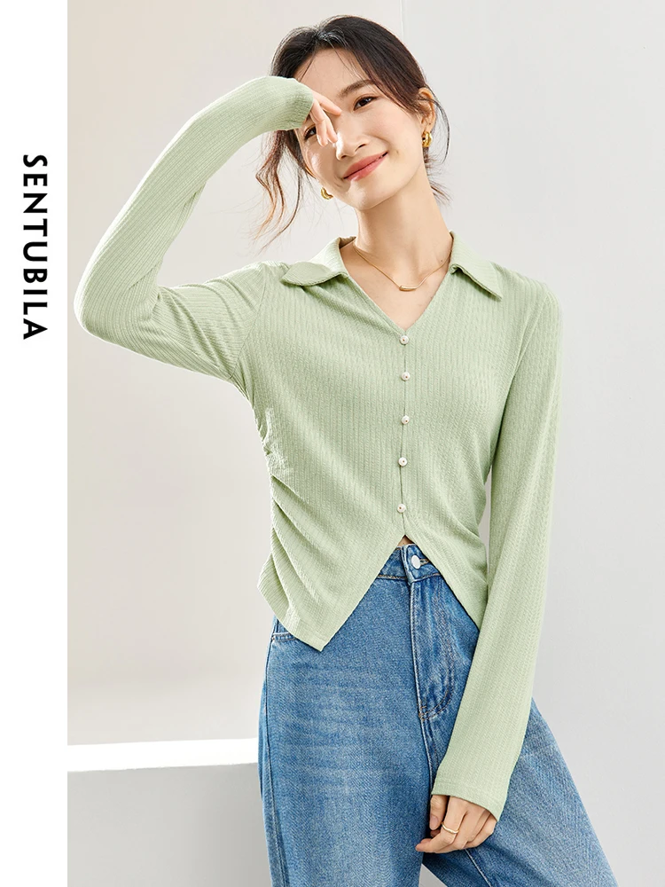 SENTUBILA-suéter de punto con cuello en V para mujer, jerséis con abertura, prendas de punto suaves para mujer, ropa verde para mujer, 141B53523, 2024