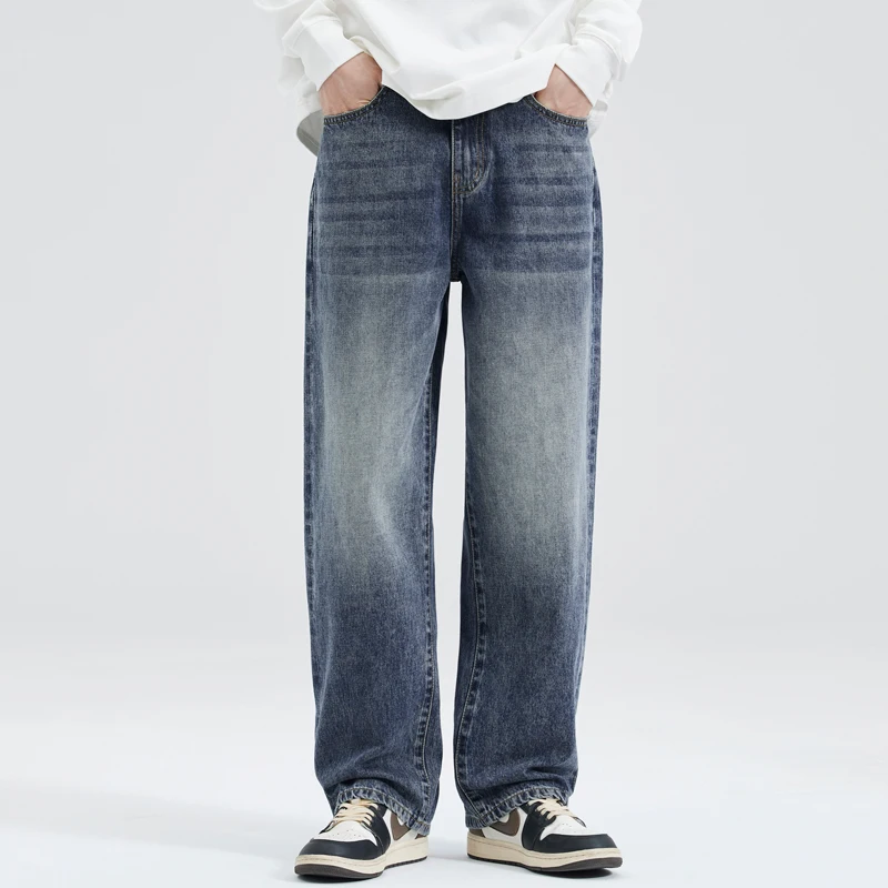 

Классические мужские свободные джинсы в корейском стиле, мешковатые прямые широкие брюки с рисунком молнии, уличные мужские брюки в стиле хип-хоп