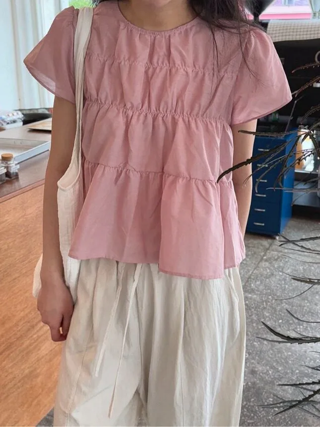 Two-Tone round Neck Short Sleeve Silk Feeling Pleated Shirt Korean Style Women's Inner Wear Casual Fashion Spring Autumn