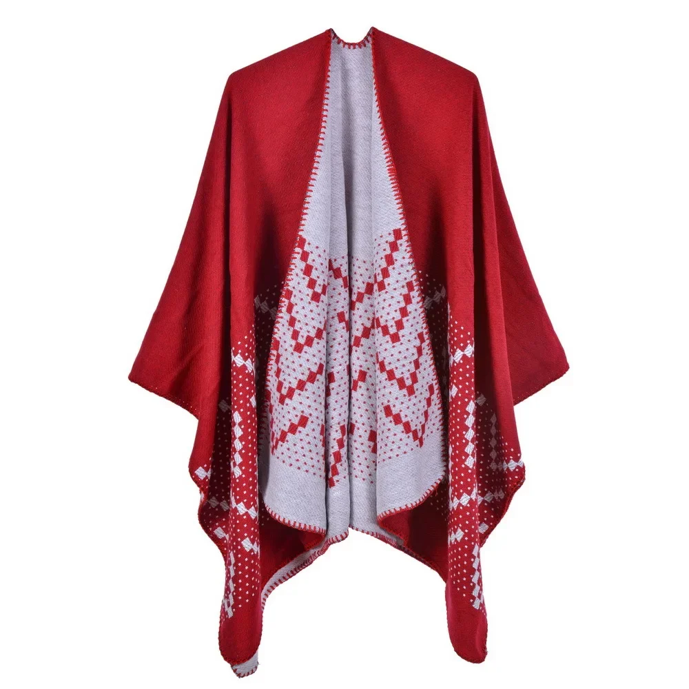 New Autumn Winter Warm Shawl Women's Travel Imitation Cashmere Fork Thickened Cloak Ponchos Red