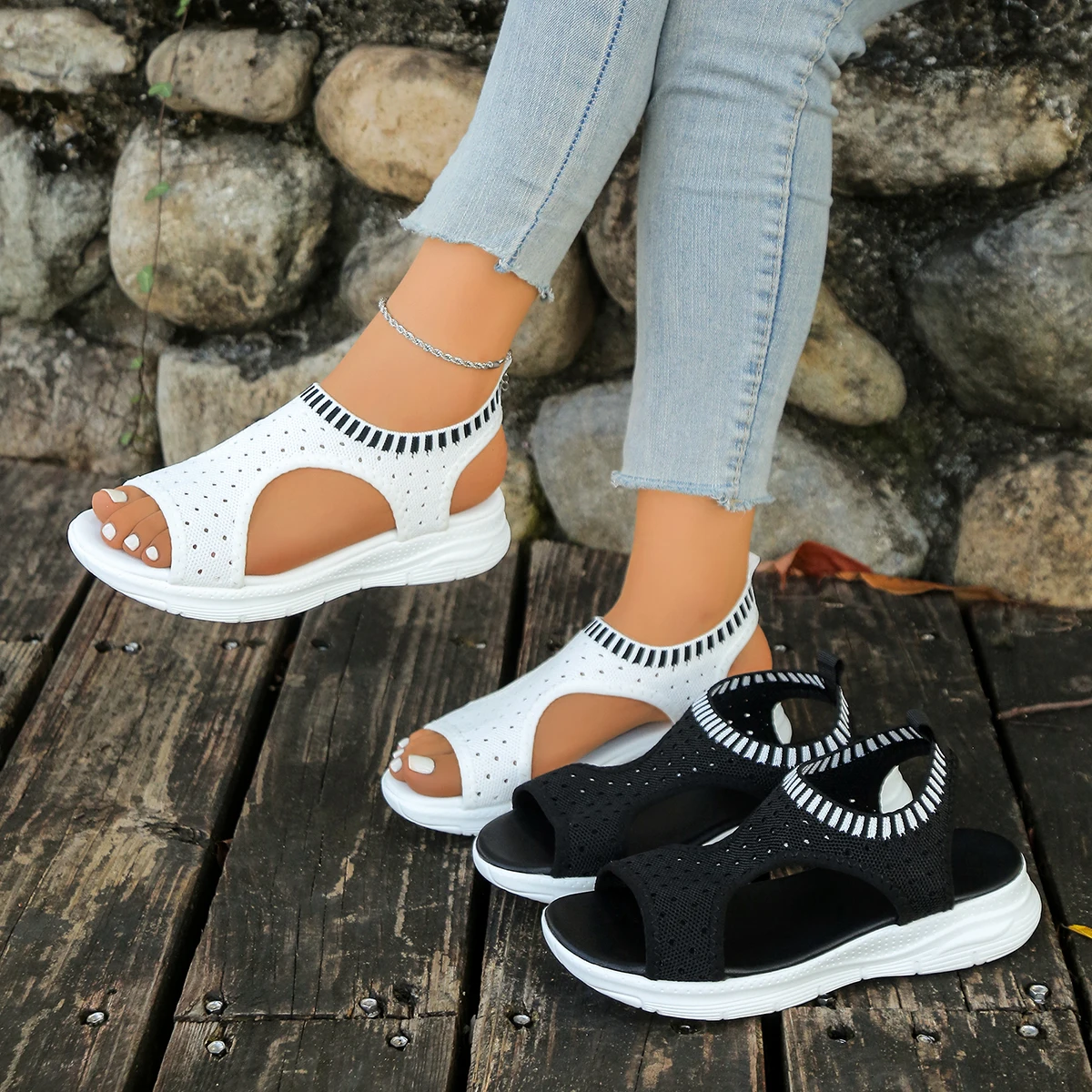 

Women Sandals Flying Slope Heel Thick Sole Sports Sandals Summer Knitted Shoes Women Fish-mouth High Heel Shoes Zapatos De Mujer