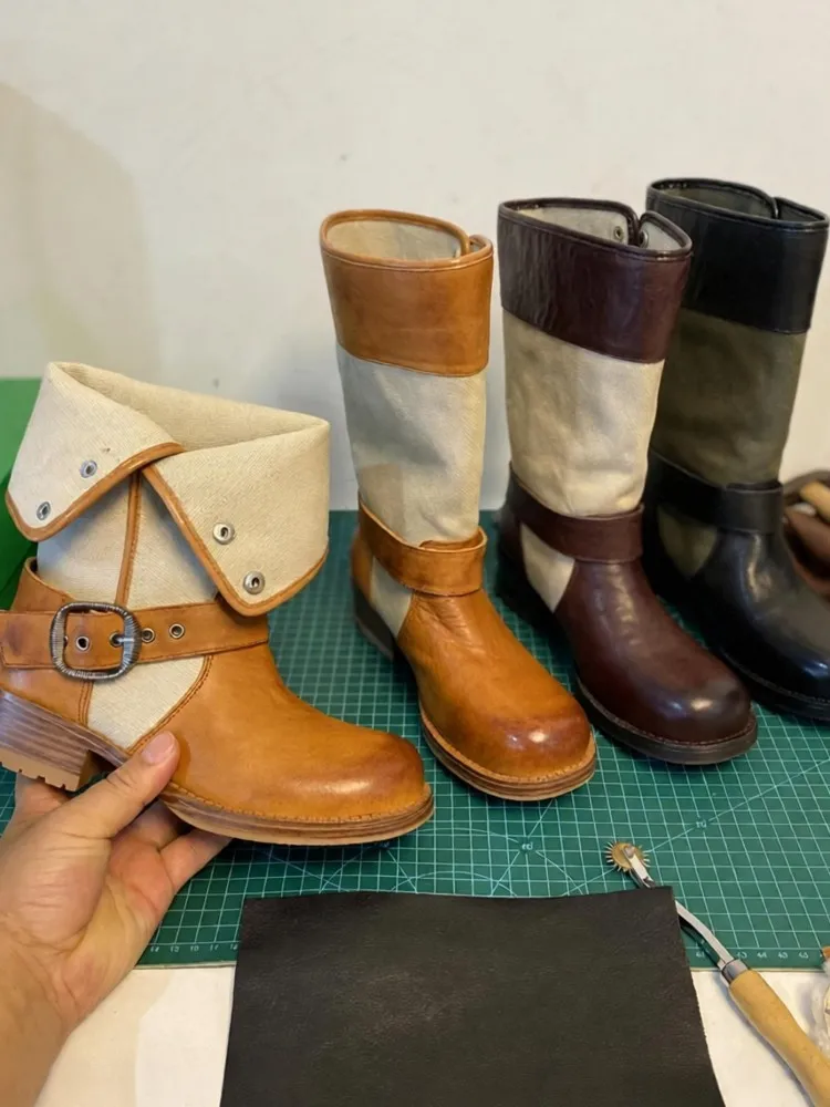 Women Cowboy Genuine Leather Boots Patchwork Canvas Vintage Handmade Designer Shoes Female Vintage Chunky Heels Short Boots