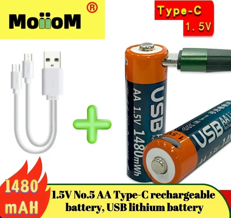 

New MoiioM1.5V Type-C rechargeable battery AA 1480mAh USB constant voltage fast charging lithium battery 14500+charging cable