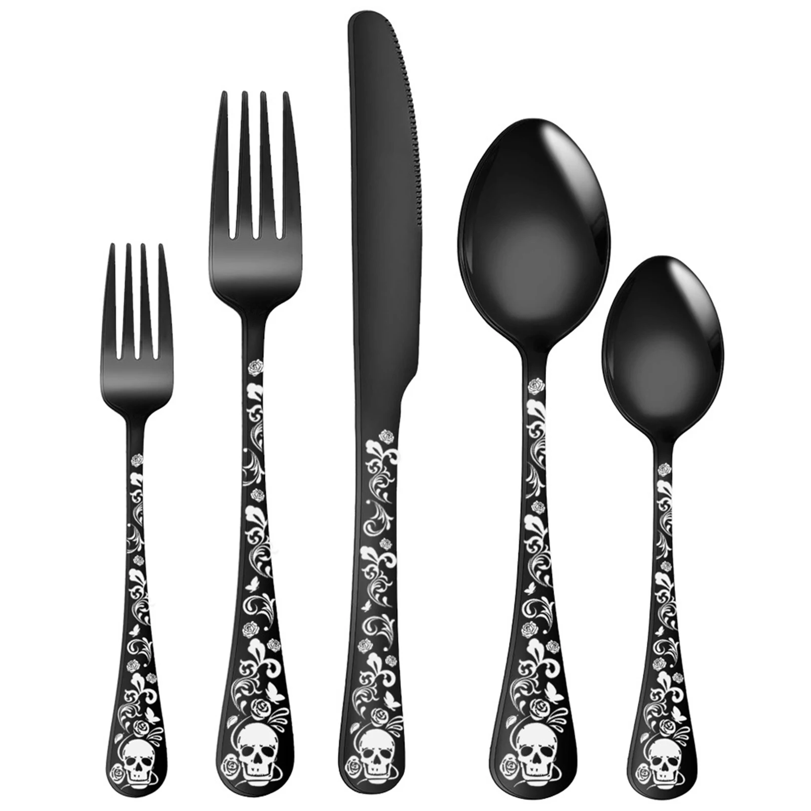 

5Pcs Dinnerware Set Skull Pattern Stainless Steel Soup Spoon Service Spoon Salad Fork Halloween Decoration Kitchen Tableware