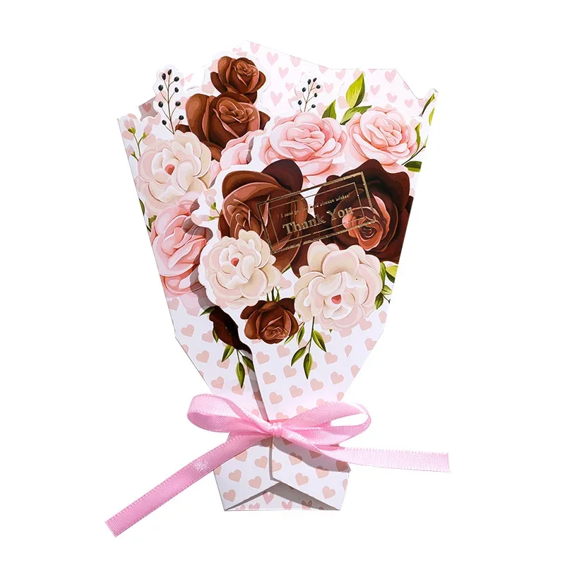 Flower Pattern 3D Foldable Bouquet Greeting Card Mother's Day Thank You Gift Message Card Birthday DIY Flower Bow Card