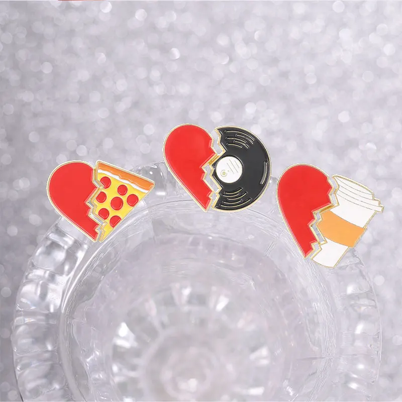 Split Heart Food Vinyl-Schallplatten-Emaille-Abzeichen, süße gebrochene Herz-Anstecknadel, Brosche, Metall-Reversdekoration für Jacke, Rucksack, Geschenk – Detail 7