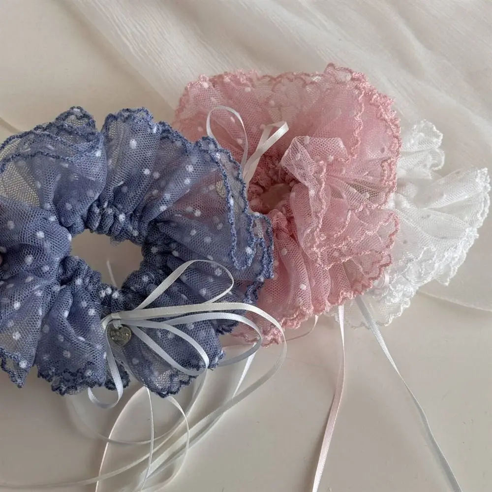 インシフォンプリーツシュシュボウレース水玉シュシュリボン甘い特大ヘアロープポニーテールホルダー