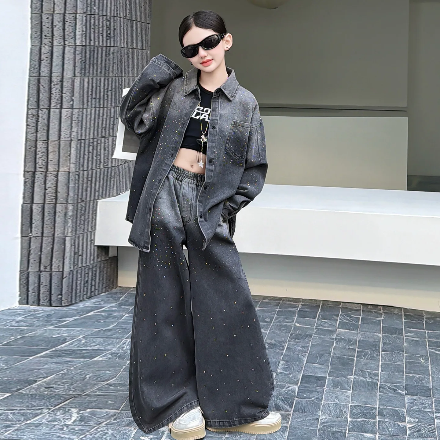 teen girl Hot stamping denim clothes set Shiny gradient denim shirt Wide leg jeans 2pcs junior kid suit child coat pants outfits